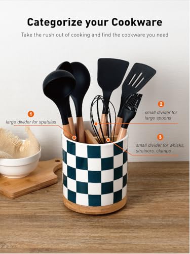 Image of LoeJan 3 Compartment Utensil Holder, Extra Large Utensil Crock, Stable Ceramic Utensil Organizer, Cooking Tool Organizer Set for Kitchen Counter Farmhouse Decor (J-Deep Green(Square))
