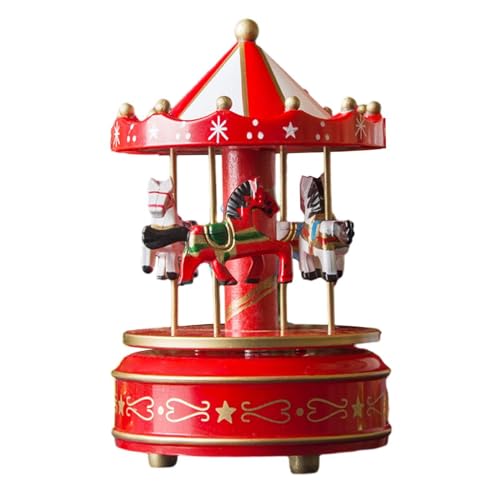 predolo Caja de Música de Carrusel de Madera Navideña, Adorno Pintado a Mano, Decorativo, con Forma de Caballo Giratorio para Decoración Navideña, Resistente, Rojo, Individual