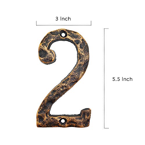 5.5 Inch House Numbers- Rustic Cast Iron Home Address Number- Featuring Unique Hammered Appearance with Uneven Antique Brass Finished,Number 2 - Thumbnail 2