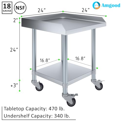 Image of AmGood Stainless Steel Equipment Stand - Heavy Duty, Commercial Grade, with Undershelf, NSF (24 inch Width x 24 inch Length + Casters)