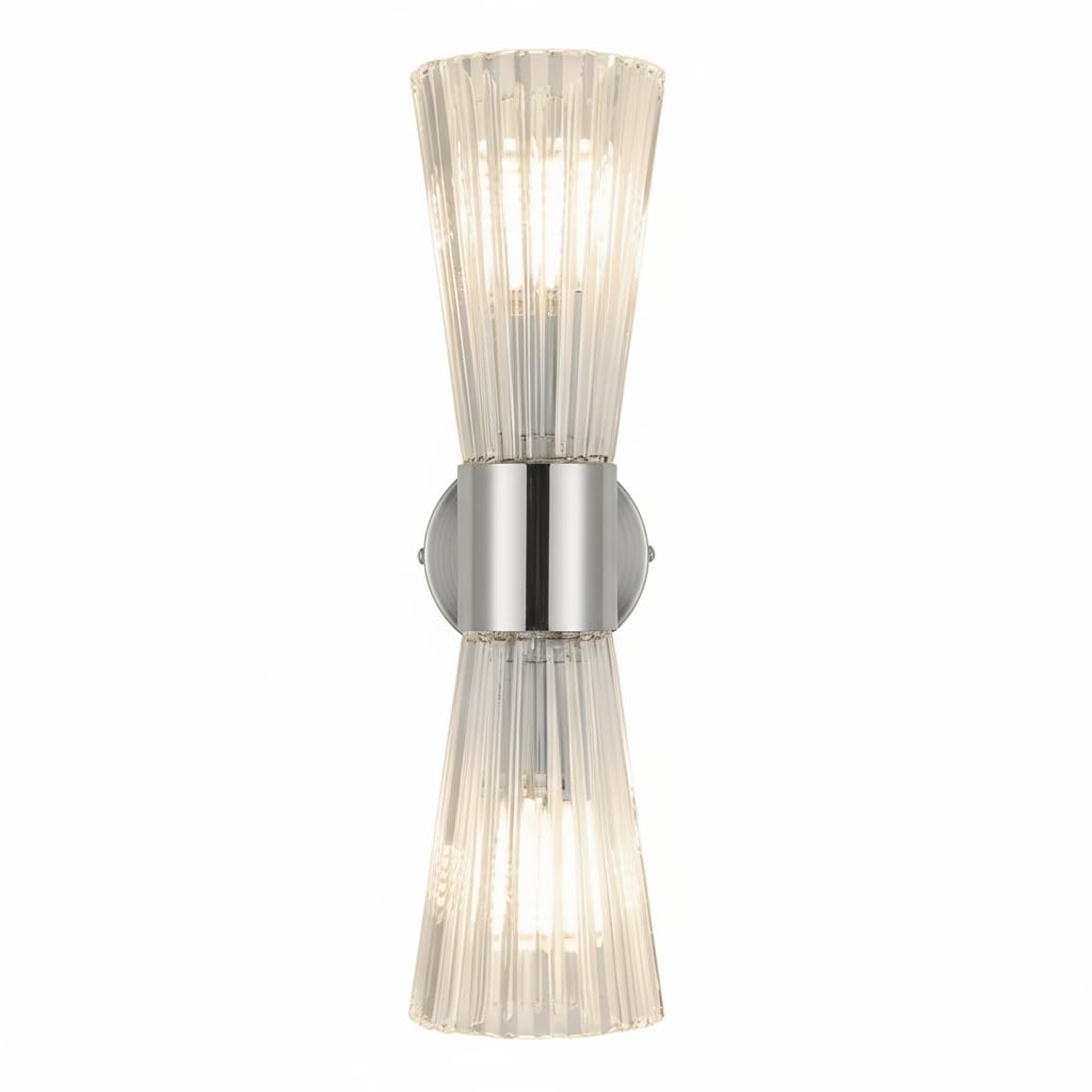 Aplique de Pared de Cristal 2 Luces E14 Doble Extremo Vidrio Acanalado Diseño Reloj de Arena Lámpara de Pared Moderna Acabado Plateado para Dormitorio Salón Pasillo Escalera Hotel (Plateado)