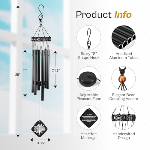 Image of Sympathy Wind Chimes I Tree of Life Wind Chime I Funeral Wind Chimes Sympathy I Bereavement Gift for Loss of Father, Mother, Wife, Husband I Condolence Remembrance Gift I 29 inch Black