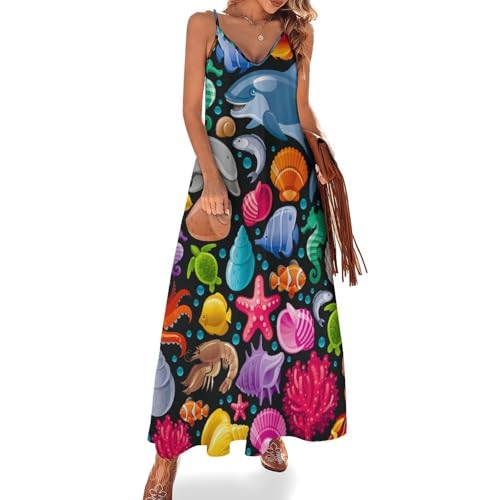Robe longue marine dessin animé femme ete sans manches robe maxi voyages plage confortable