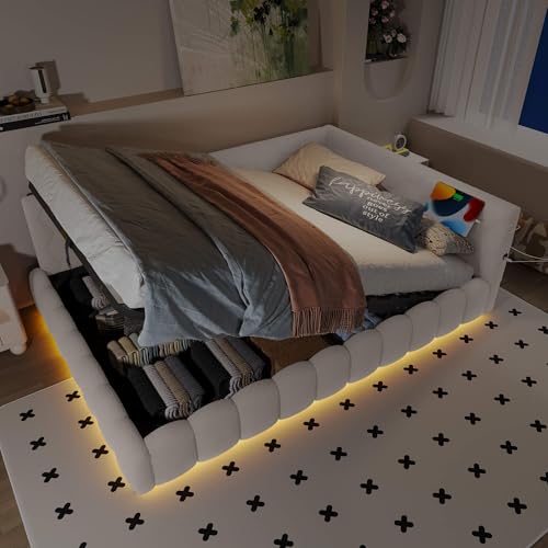 HYUB Polsterbett 140x200 cm, Tagesbett Doppelbett mit Rückenlehne und Bettkasten, Hydraulisches Bett mit Beleuchtung und Lattenrost, für Schlafzimmer und Gästezimmer, Vliesimitat, Weiß – Bild 4