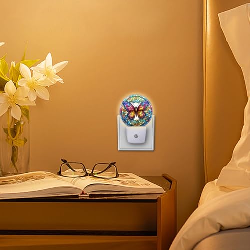 Image of Round LED Night Lights Lamp with Dusk to Dawn Sensor, Stained Glass Art of Colorful Butterfly Mandala Night Light Plug Into Wall for Kids Room, Bedroom, Bathroom, Kitchen, Hallway
