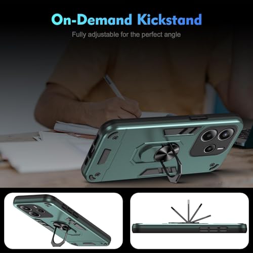 Image of ShieldTech Back Cover for Redmi Note 14 5G | Rugged Armor Case with Ring Stand | 360 Protection | Shockproof | Camera & Screen Guard for Redmi Note 14 5G (PC, Green)
