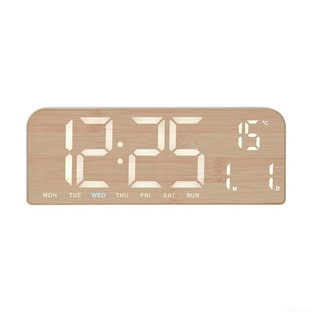 Led Digital Alarm Clock With Wooden Grain Finish, Large Screen Display Shows Time Date Temperature, 5 Color Ambient Light, Adjustable Brightness, Wall Mount Or Tabletop For Home Office Bedroom(A)