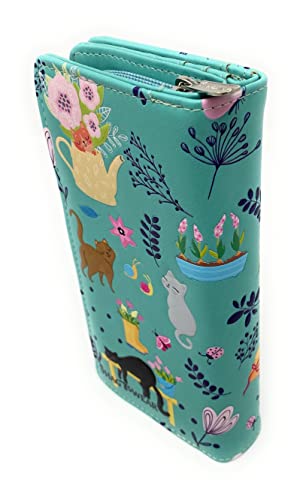 Shag Wear Cats in the Garden Large Spring Summer Animal Wallet for Women and Teen Girl Vegan Faux Leather Light Teal 7"2