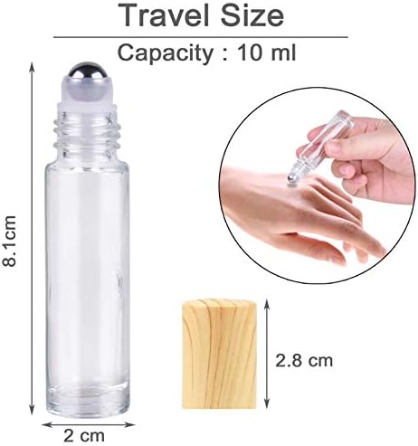 Yalbdopo 10Pcs, 10Ml Essential Oil Roller Bottles - Refillable Clear Glass Roll on Bottles Roll Bottles with Stainless Steel Roller Balls & Wood Grain Plastic Cap, Include 12 Labels, Dropper & Opener
