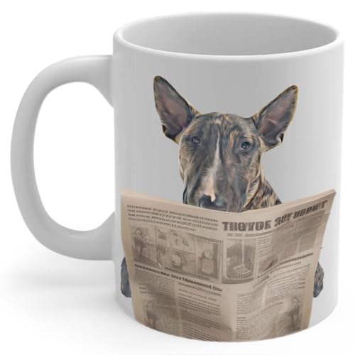 Brindle Bull Terrier Reading Newspaper Coffee Mug 11oz - Funny Wh...