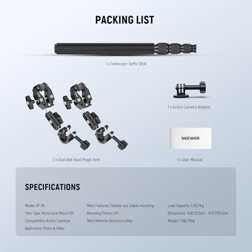 NEEWER Motorcycle Camera Mount Kit, Bicycle Handlebar Invisible Selfie Stick with Dual Ball Heads, Super Clamps, Action Camera Adapter Compatible with GoPro Insta360 DJI AKASO Action Cameras, GP-30 - Image 7