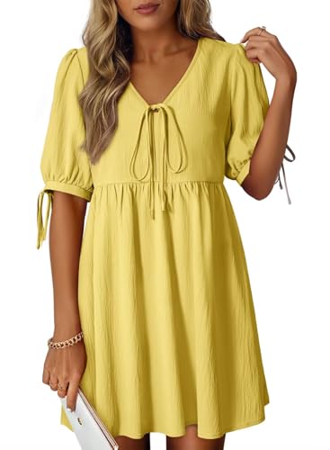 Dokotoo Womens Dresses Fashion Summer Casual 2026 V Neck Bow Tie Short Sleeve Babydoll Dress Yellow Cream X-Large