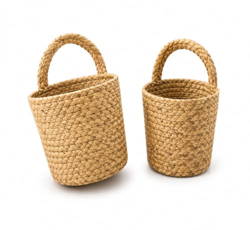 Image of Handwoven Natural Jute Wall Hanging Storage Baskets, Set of 2 - Decorative Organizer with Handles, Eco-Friendly Rustic Storage for Home, Bedroom, Living Room