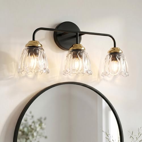 Lámpara de pared de diseño sofisticado en negro y dorado con 3 tulipas de cristal para espejo