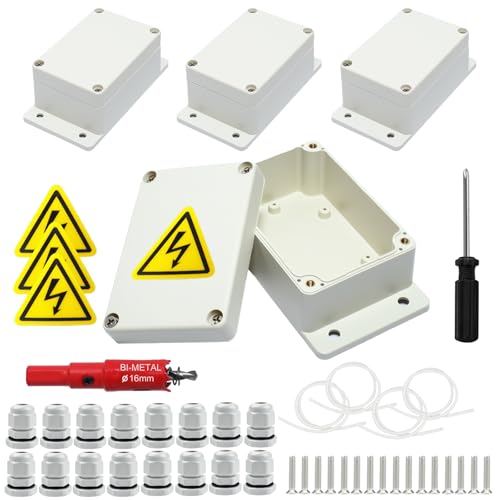 4 boîtes de jonction, IP67 Boîte de dérivation blanche étanche, Boîte de distribution apparente, boîtier électronique avec 16 presse-étoupes, plaques de sécurité, scie cloche 16 mm, tournevis