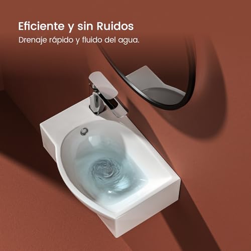 EMKE Hängewaschbecken 405 x 280 x 140 mm – Kompaktes und elegantes Waschbecken für kleine Badezimmer und Gäste-WC – Wasserhahn auf der linken Seite, Wandmontage, Hochglanzweiß