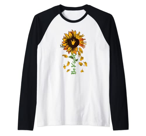 Be Kind Hippie Sunflower I Love You Sordo ASL Lenguaje de signos Camiseta Manga Raglan