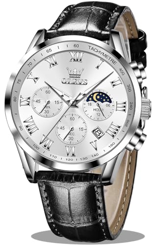Image of OLEVS Men's Leather Analog Quartz Watch - Luxury Chronograph Wristwatch with Date, Waterproof, Luminous - Dress Style