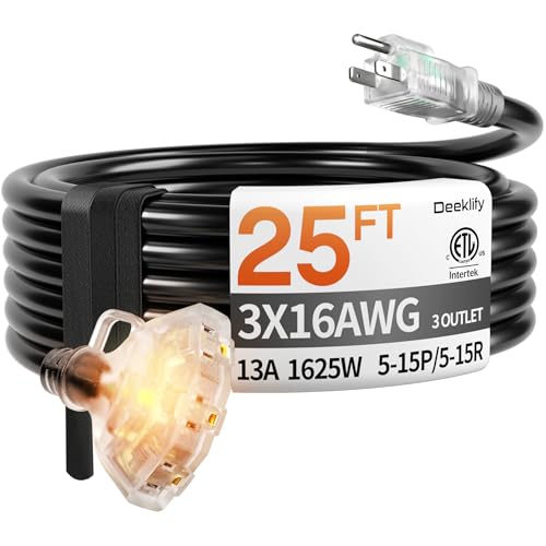 Deeklify 25 ft 16/3 awg 3 Outlet Extension Cord Splitter with Indicator Waterproof Outdoor Extension Cord with Multiple Outlets 13A 1625W for Home & Workshop ETL Listed Black SJTW