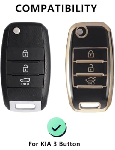 Image of TPU Car Key Cover Black & Golden Compatible for KIA Seltos,Sonet,Carens (KIA, 3 Button Flip Key)