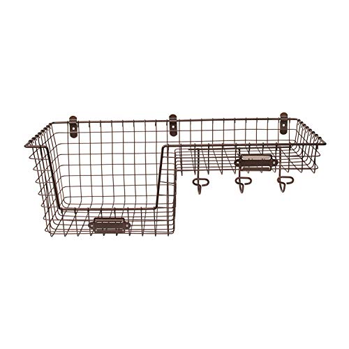 Spectrum Diversified Vintage Station, 2 Baskets With Label Plates For Entryway Storage Sturdy Steel Hooks For Jackets, Leashes & Accessories, Rustic Farmhouse Decor, Large, Bronze #TOP3