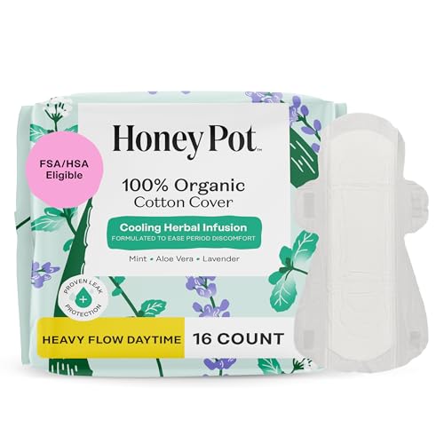 Image of The Honey Pot Company - Herbal Sanitary Pads for Women - Heavy Flow w /Wings - Infused w /Essential Oils for Cooling Effect & Organic Cotton Cover - Feminine Care - 16 ct
