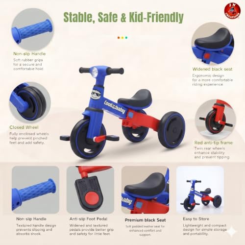Image of 3-in-1 Toddler Tricycle | Slide, Pedal & Balance Bike for Kids | Leather Seat, Silent Wheels & Sturdy Frame | Ideal for 10 Months to 3 Years (Blue)