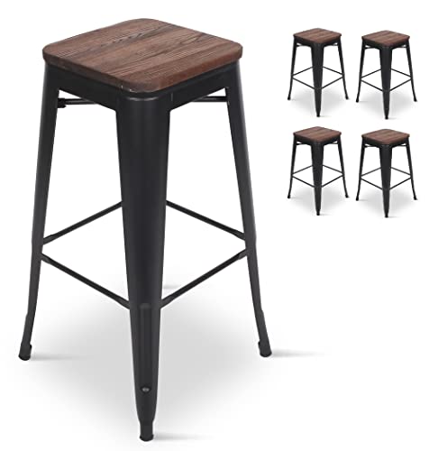 KOSMI - Lot de 4 Tabourets de Bar en métal Noir Mat et Assise en Bois foncé, Tabouret métal et Bois Haut Hauteur 76cm Parfait pour Table de 100 cm et Plus Cover