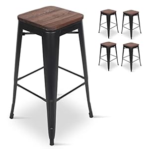 KOSMI – Lot de 4 Tabourets de Bar en métal Noir Mat et Assise en Bois foncé, Tabouret métal et Bois Haut Hauteur 76cm Parfait pour Table de 100 cm et Plus