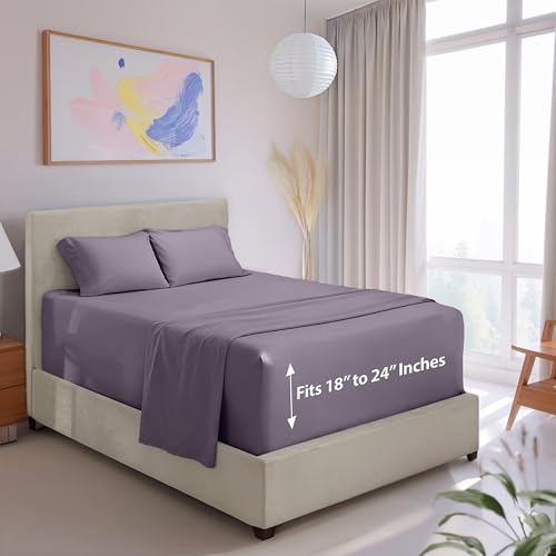 Image of Hearth & Harbor Extra Deep Pocket Queen Sheet Set, Grayish Purple | 4 Piece Cooling Bed Sheets Set, Ultra Soft & Breathable, Fits Up to 24 inch Mattress, Wrinkle & Fade Resistant, Hotel Luxury