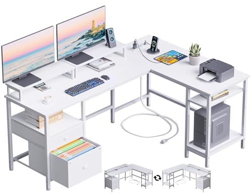 Image of Furologee White 59 inch L Shaped Desk with Power Outlet, Reversible Computer Desk with File Drawer & 2 Monitor Stands, Corner Home Office Table with Storage Shelves for Gaming Writing
