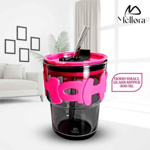 Image of MELLORA HOHO Glass Tumbler with Straw, Leak-Proof Lid & Letter Rubber Grip - 400ml | Stylish Wide Mouth Flask for Hot & Cold Beverages | Easy-Clean Mug for Office, Gym & Travel | Hot Pink
