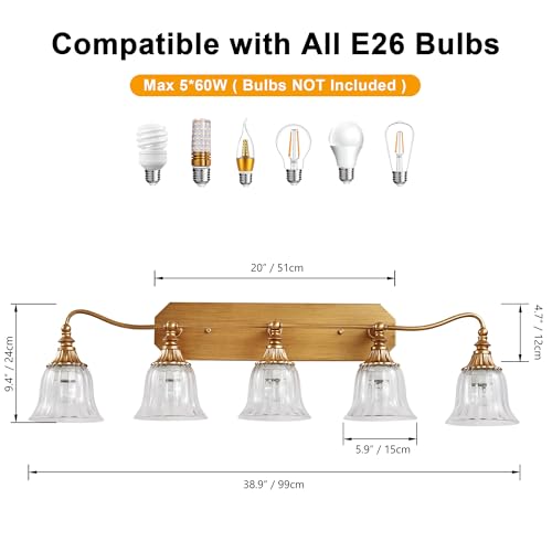 Image of LmnLvn Brushed Gold 5-Light Bathroom Light Fixture, Crystal Glass Shade