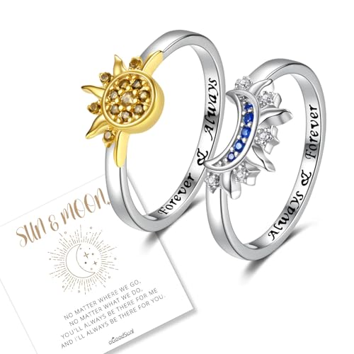 oGoodsunj Sterling Silver Moon Sun Rings Set Stackable Matching Ring Friendship Couples Mother Daughter Promise Jewelry Gifts for Women Bff (Engraved, 8)
