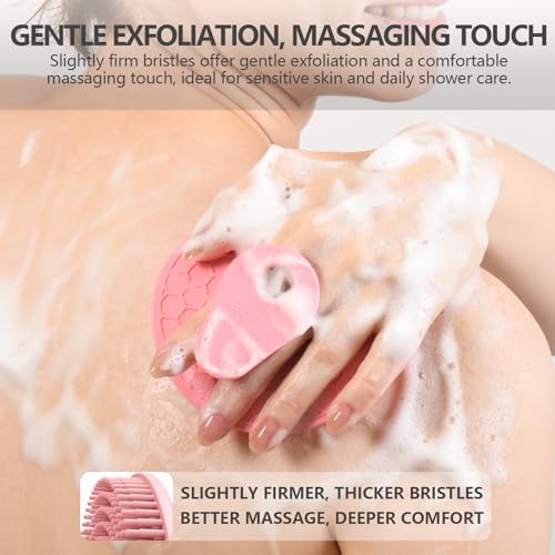 Image of BEAUTAIL Silicone Body & Face Scrubber Set 3 Pack, Gentle Shower Scrubber | Hygienic Silicone Loofah, Easy-Grip Handle, Soft Exfoliating Bath Brush for Sensitive Skin, Women, Men & Kids, Pink+Green