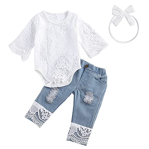 Image of koramesis Baby Girl Clothes Set Toddler Ruffle Sleeve Lace Floral Romper with Denim Jeans Pants Outfits Set
