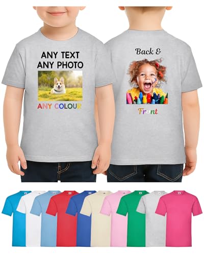 Personalised Kids T Shirt Printed Photo Tshirt Any Text Create Your Own Custom Design Top Tee Girl Boys (Grey, 1-2 Years)