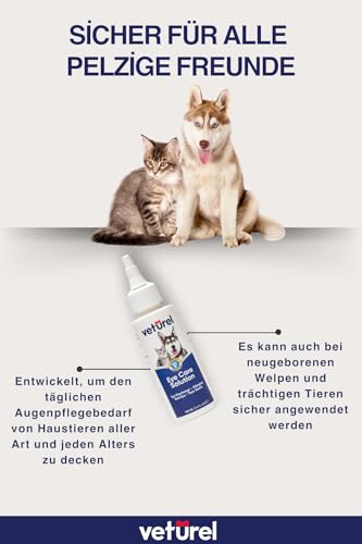 Veturel Augenpflege-Lösung für Katzen und Hunde | 100 ml Beruhigt Augeninfektionsallergie, lindert trockene Augen, rosa Augen, Tränenfleckenentferner Tropfen für Hunde | Kätzchen- und Welpenpflege