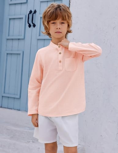 Image of Arshiner Boys Cotton Linen Henley Shirt Button Down Shirt Long Sleeve T Shirt Beach Shirt Tee Casual Solid Tops