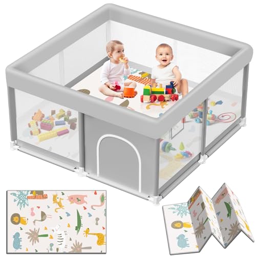 Image of Baby Playpen with Mat, 50x50 inch Playpen for Babies and Toddlers with Mat, Baby Playard Safety Fence Active Center for Indoor