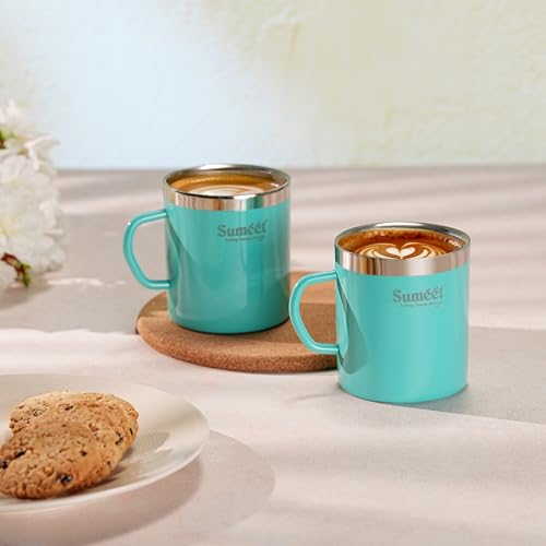 Image of Sumeet Stainless Steel Coloured Double Wall Tea /Milk /Coffee Mug Set of 2Pc - 300ml - Green