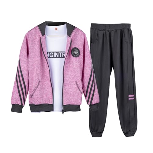 linboo Chándal infantil para niña, 2 piezas/3 piezas, sudadera con capucha y pantalón deportivo, camiseta de manga larga para el tiempo libre, Rosa rojo-3 piezas, 146
