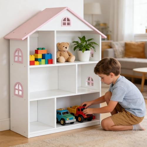 Image of Wooden Dollhouse Bookshelf, 3 Tier Bookcase for Kids, Pink and White, Toy Storage Organizer for Children Bedroom and Playroom, 32.7 x 11.8 x 41.7 Inches