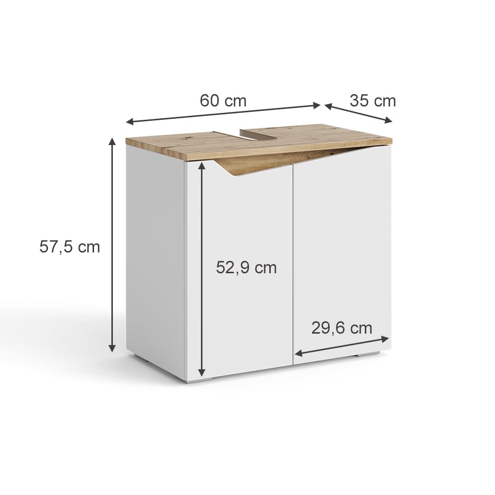 Vicco Waschbeckenunterschrank Marelle, Weiß/Artisan, 60 x 57.5 cm mit 2 Türen, mit Siphonausschnitt zur Montage unter dem Waschbecken