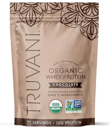 Truvani Organic Whey Protein Powder | Chocolate | 20g Grass Fed Whey Protein | 20 Servings | USDA Organic & Non-GMO | Gluten Free | No Gums, No Soy, No Stevia, No Added Sugars