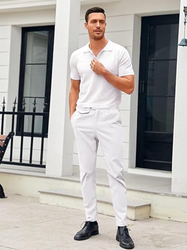Image of Mens Chinos Slim Fit Pants Stretch Tapered Dress Pant Casual Trousers | Skinny Slacks, Flat Front Design, Stretch Cotton Fabric, Solid or Plaid, Work Dress Pants, Business Casual Wear