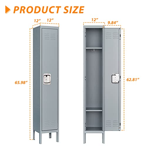 Image of Metal Locker for Home, Dressing Room, Gym, 65.98 inch Steel Storage Lockers for Employees, Lockable Locker Cabinet with 1 Door (Grey)