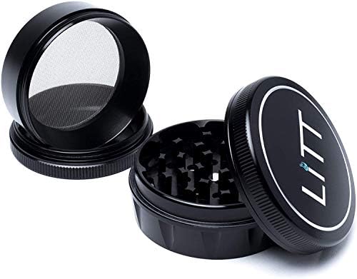 LITT 4 Piece Classic Grinder - Aluminium Grinder with Curved Teeth, Magnetic Top Lid, Kief Pollen Collector, Scraping Tool. Lifestyle and Travel Accessories (Black)