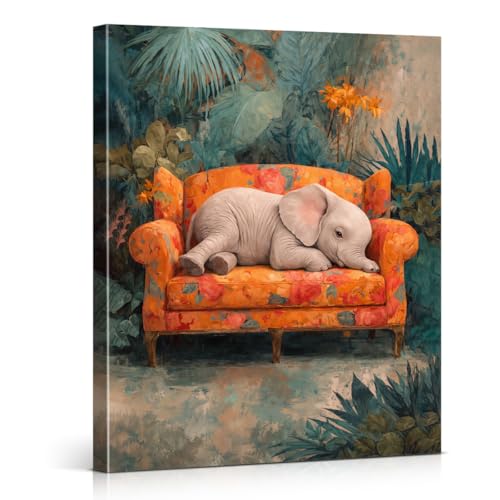 Funny Tropical Elephant Canvas Wall Art, Baby Elephant on a Sofa Picture Wall Decor, Jungle Boho Artwork Picture for Kids' Nursery Living Room Bedroom 8x10 Framed