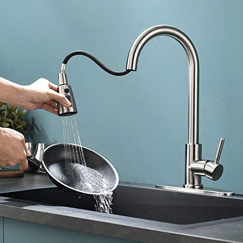 VALISY Lead-free Modern Commercial Single Hole Pull Down Brushed Nickel Kitchen Sink Faucet,1 handle High-Arc Tall Faucets for Kitchen Bar RV Laundry Utility Sinks with Pull Out Sprayer VAQY263LD